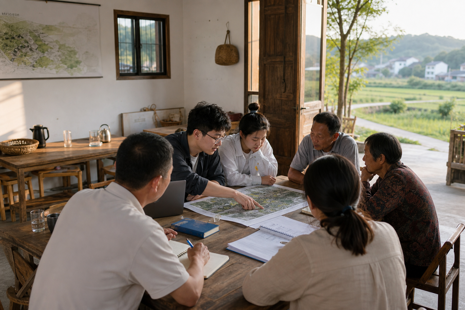 团队与乡村伙伴围绕地图讨论项目的概念视觉