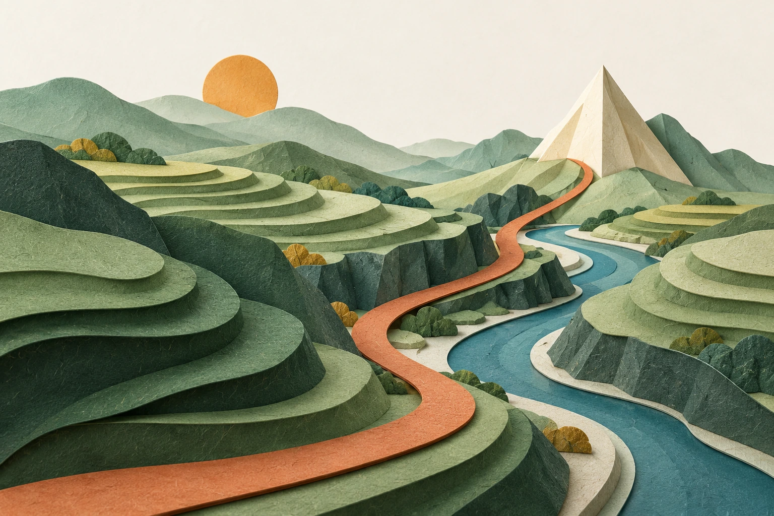 层叠纸质山地中,一条暖橙色路径通向明确的山峰,寓意从地方资源中找到经营方向。