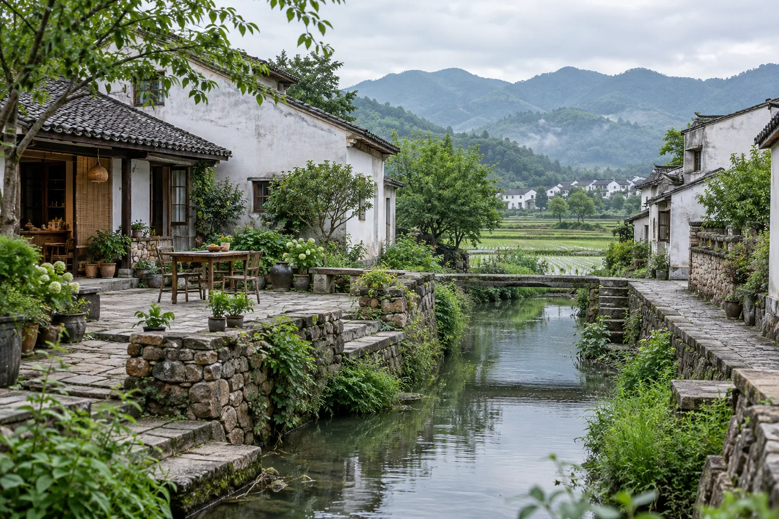 江南水乡村落、河道与田野的远景
