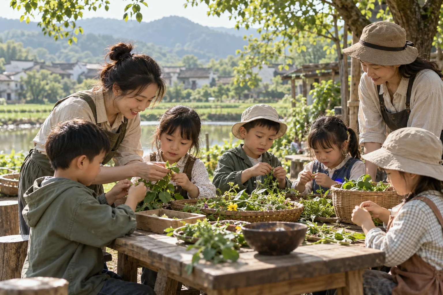 孩子们在农场桌边进行自然观察和动手活动