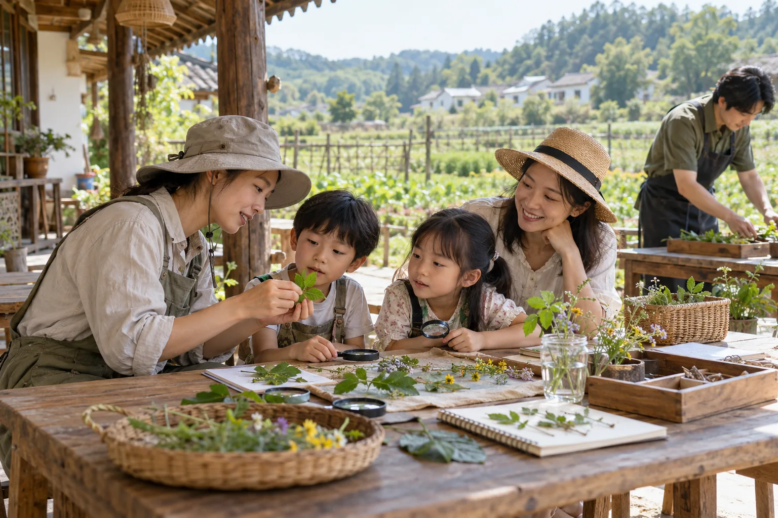 家庭在农场活动中观察植物并共同参与体验