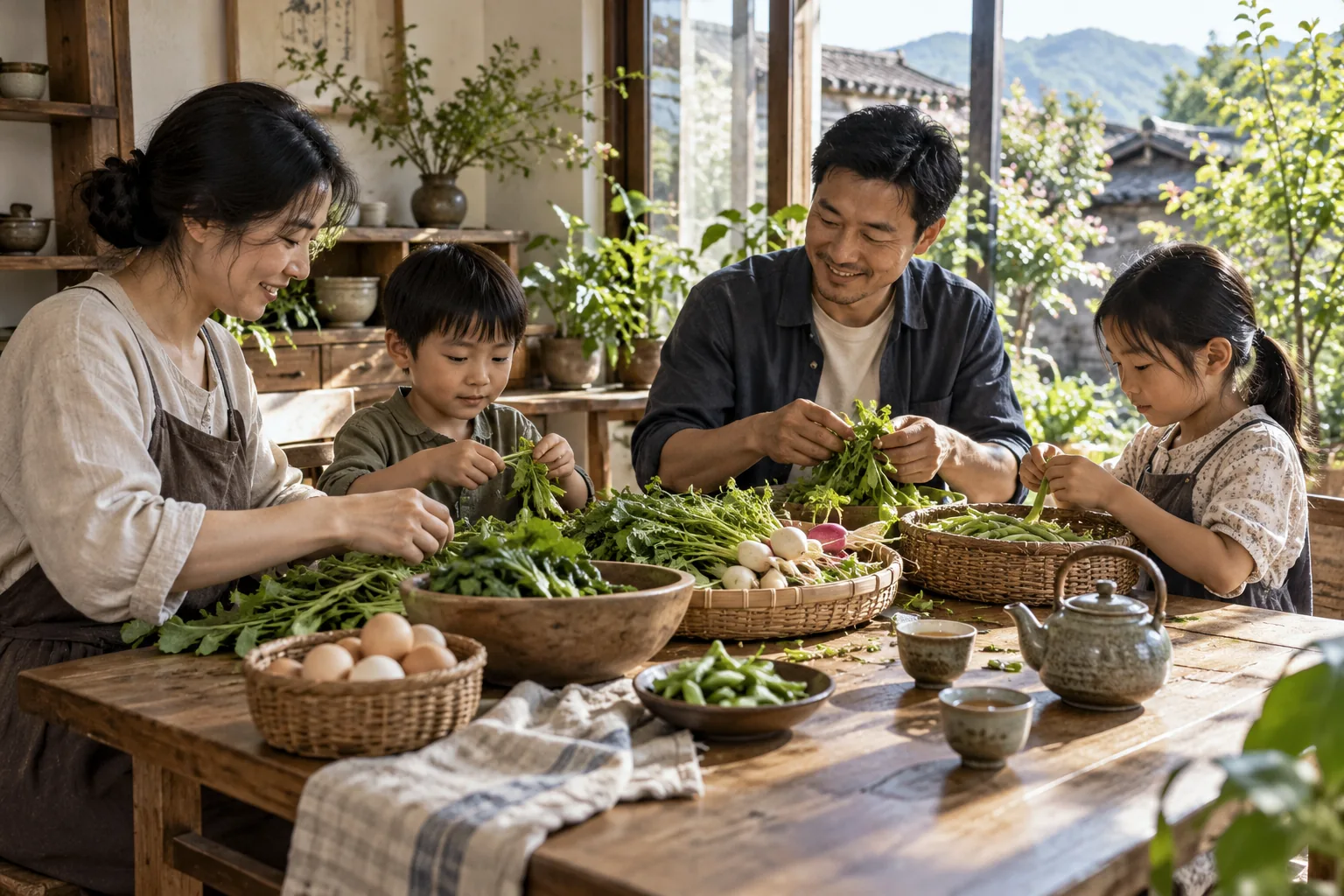 家庭在家中整理蔬菜、鸡蛋等日常食材