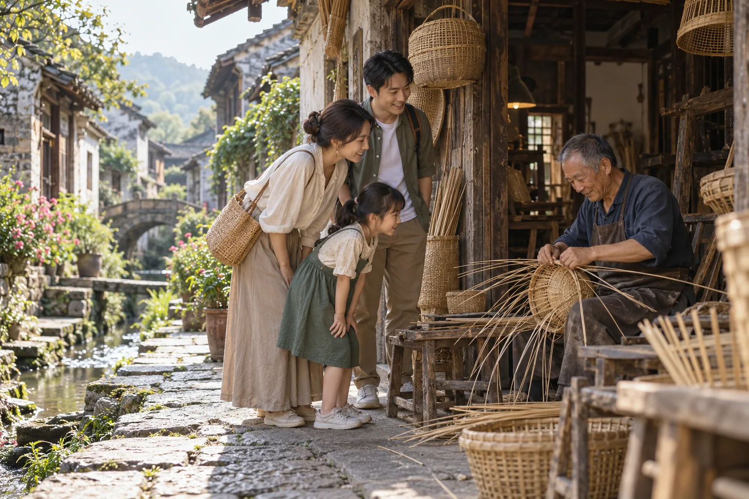 一家人在江南村落观看当地手艺人编织竹器