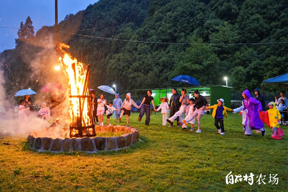 自在村农场夜间围绕篝火举行亲子活动的现场照片。